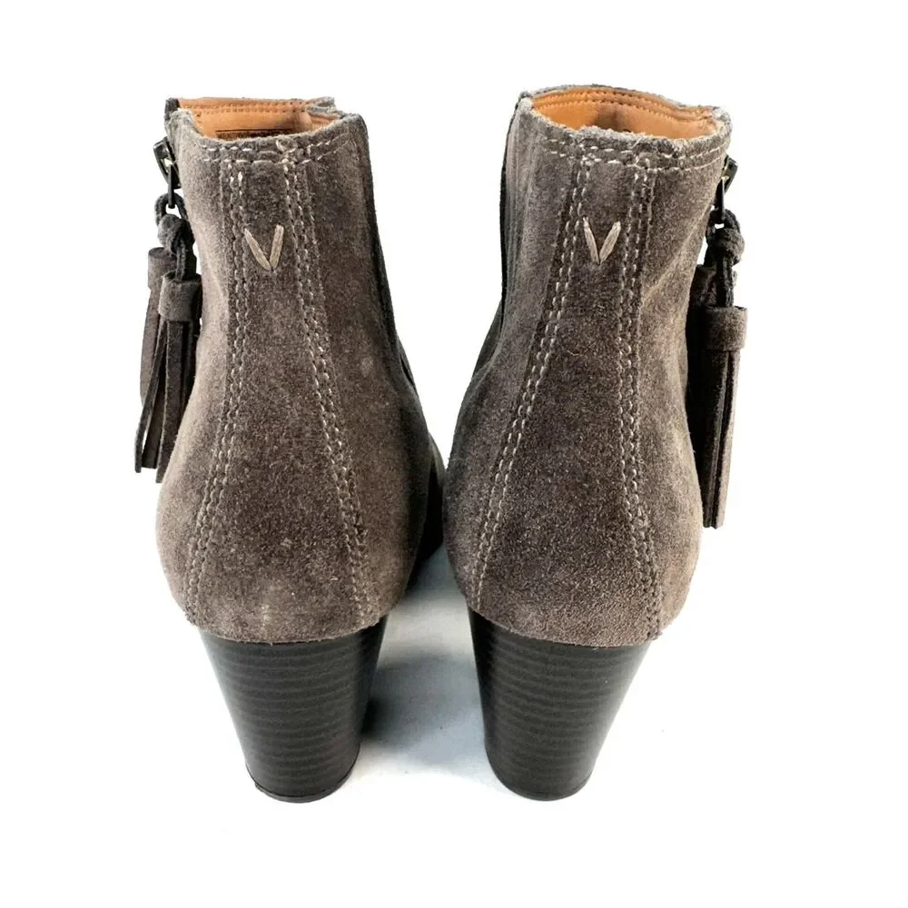 Vionic Madeline Womans 9 Suede Tassel Zipper Block Heel Ankle Boot Taupe Gray